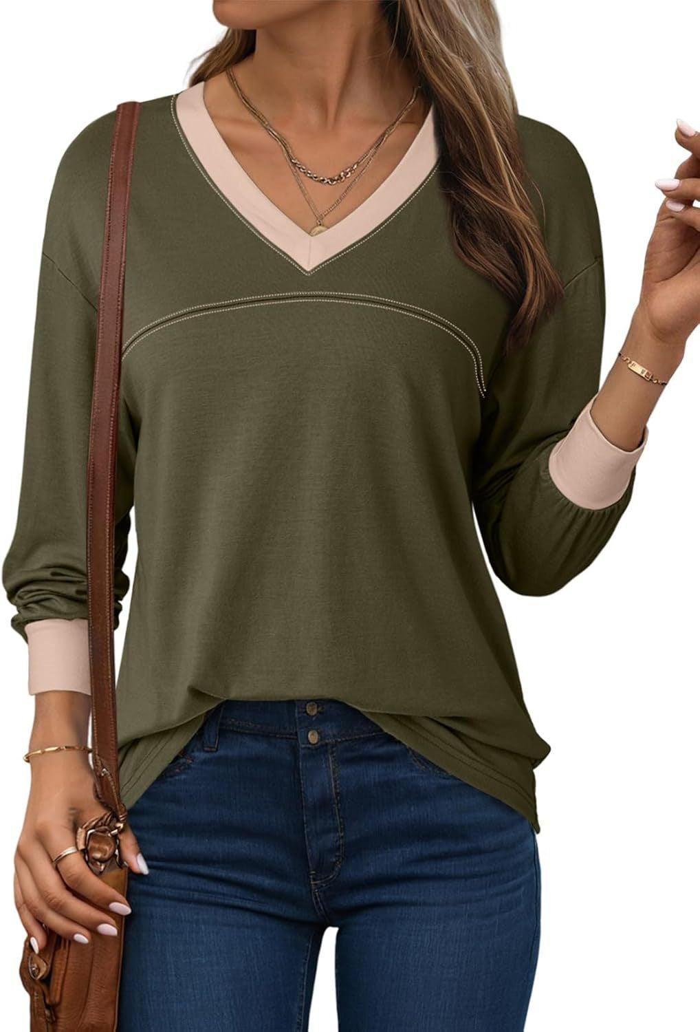 Women's Loose V-Neck Long Sleeve Colorblock T-shirt