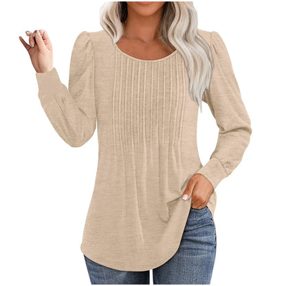 ✨Womens Dressy Long Sleeve Pleated Tops Casual Chic Crew Neck Blouses