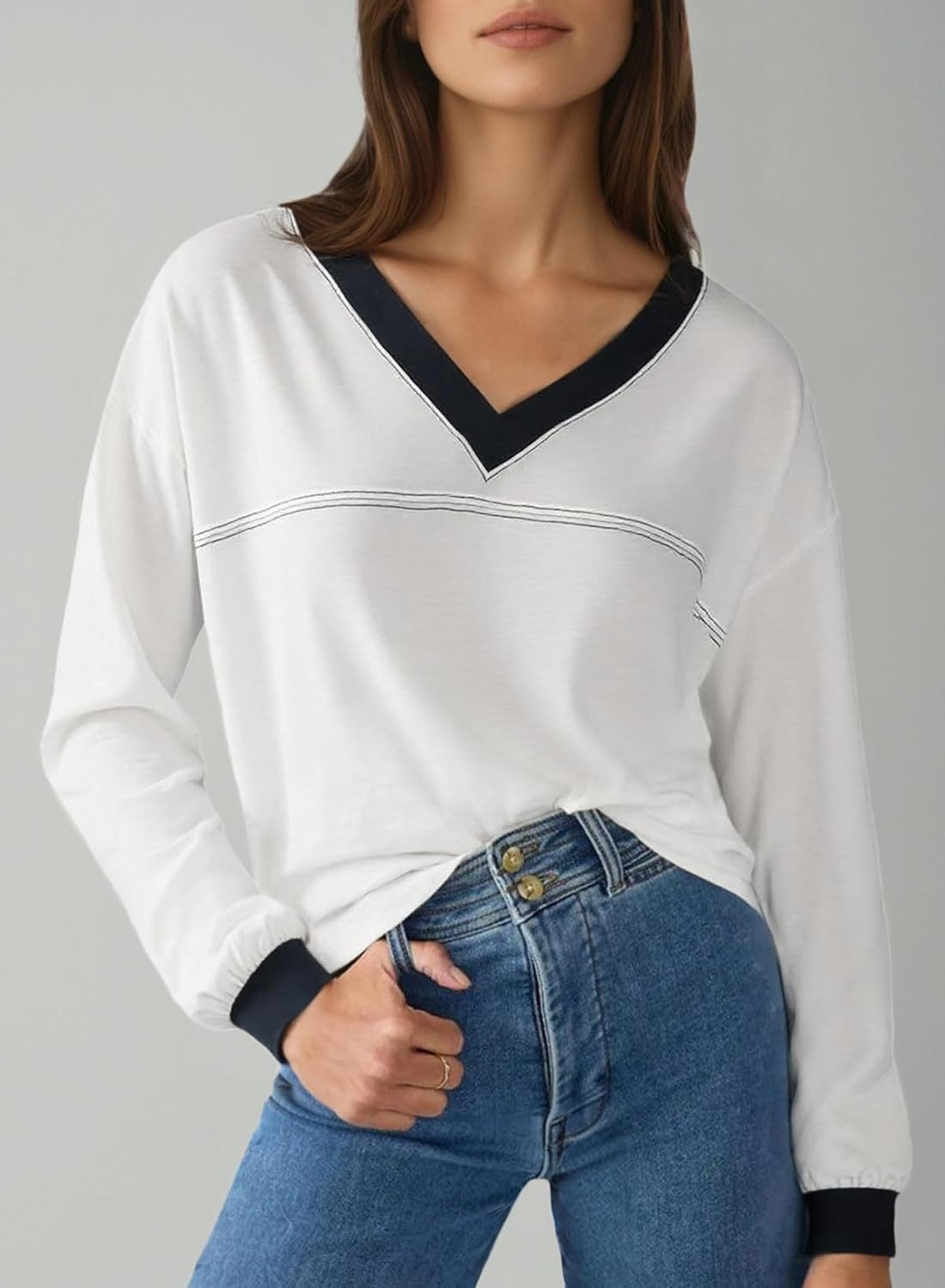 Women's Loose V-Neck Long Sleeve Colorblock T-shirt
