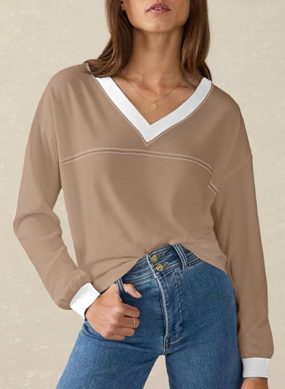 Women's Loose V-Neck Long Sleeve Colorblock T-shirt