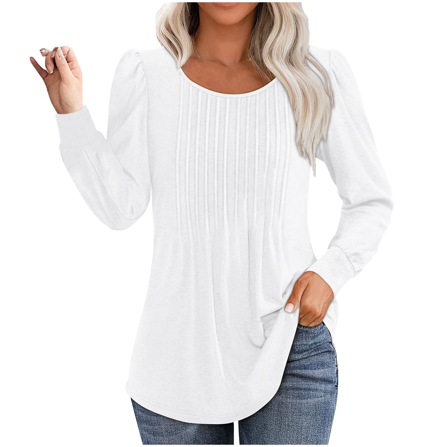 ✨Womens Dressy Long Sleeve Pleated Tops Casual Chic Crew Neck Blouses