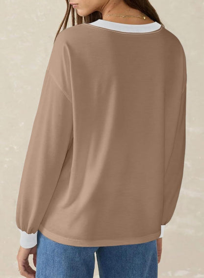 Women's Loose V-Neck Long Sleeve Colorblock T-shirt