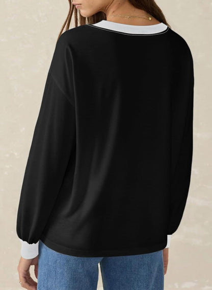 Women's Loose V-Neck Long Sleeve Colorblock T-shirt