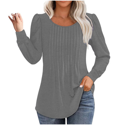 ✨Womens Dressy Long Sleeve Pleated Tops Casual Chic Crew Neck Blouses