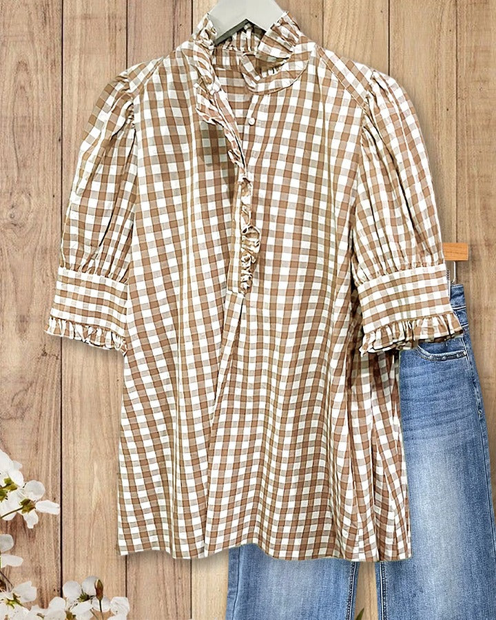 ⏰Hot Sale-Women's Grid Smart Ruffles Trim Puff Sleeve Blouse