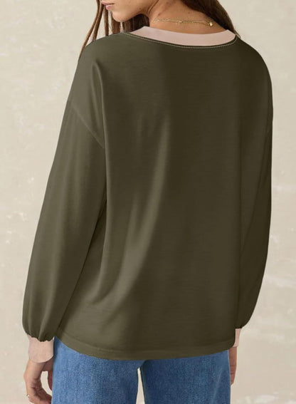 Women's Loose V-Neck Long Sleeve Colorblock T-shirt