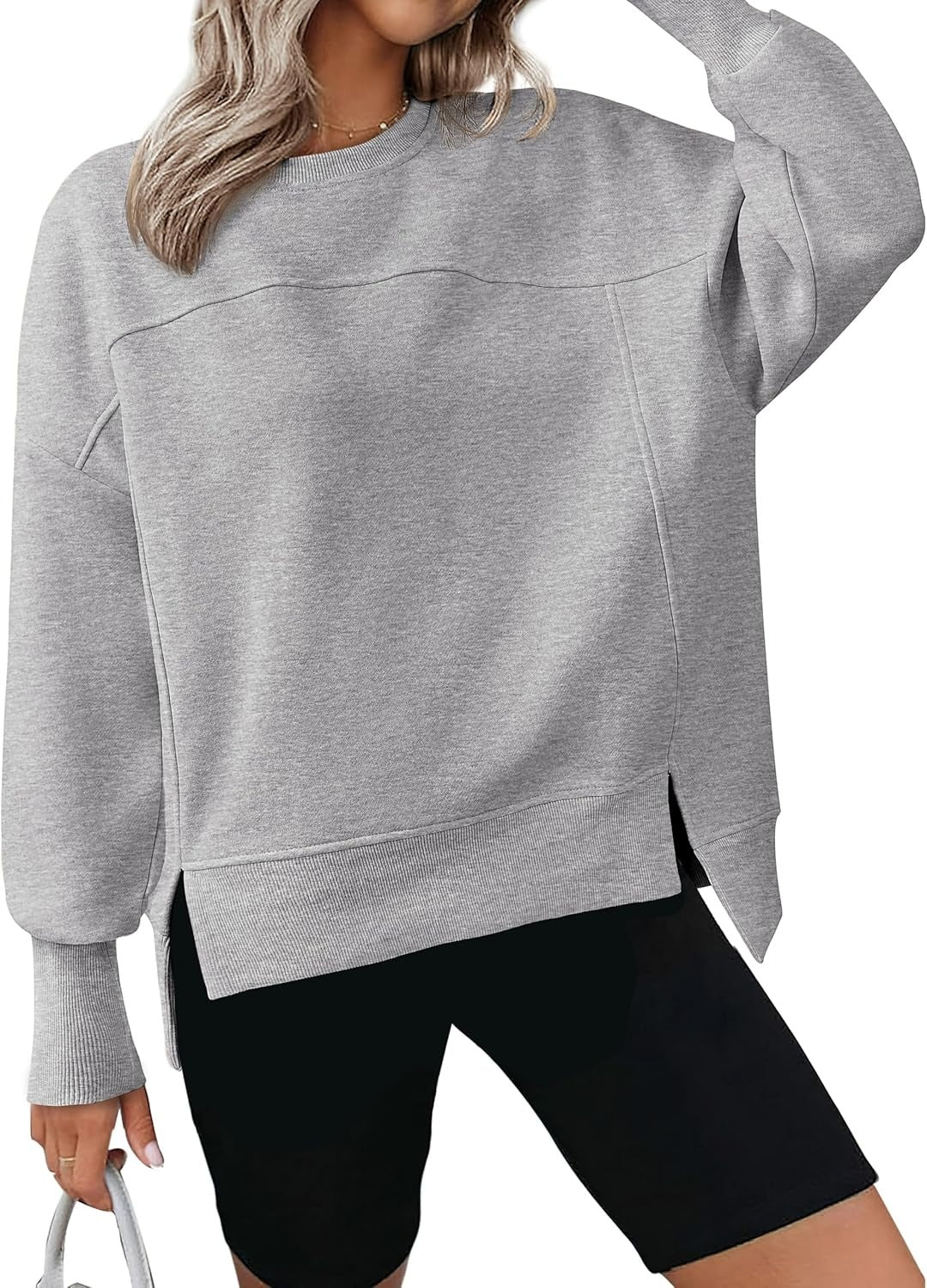 ✨Women's Casual Crewneck Sweatshirts Long Sleeve Side Slit Fleece Pullover Tops