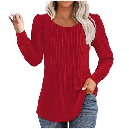 ✨Womens Dressy Long Sleeve Pleated Tops Casual Chic Crew Neck Blouses