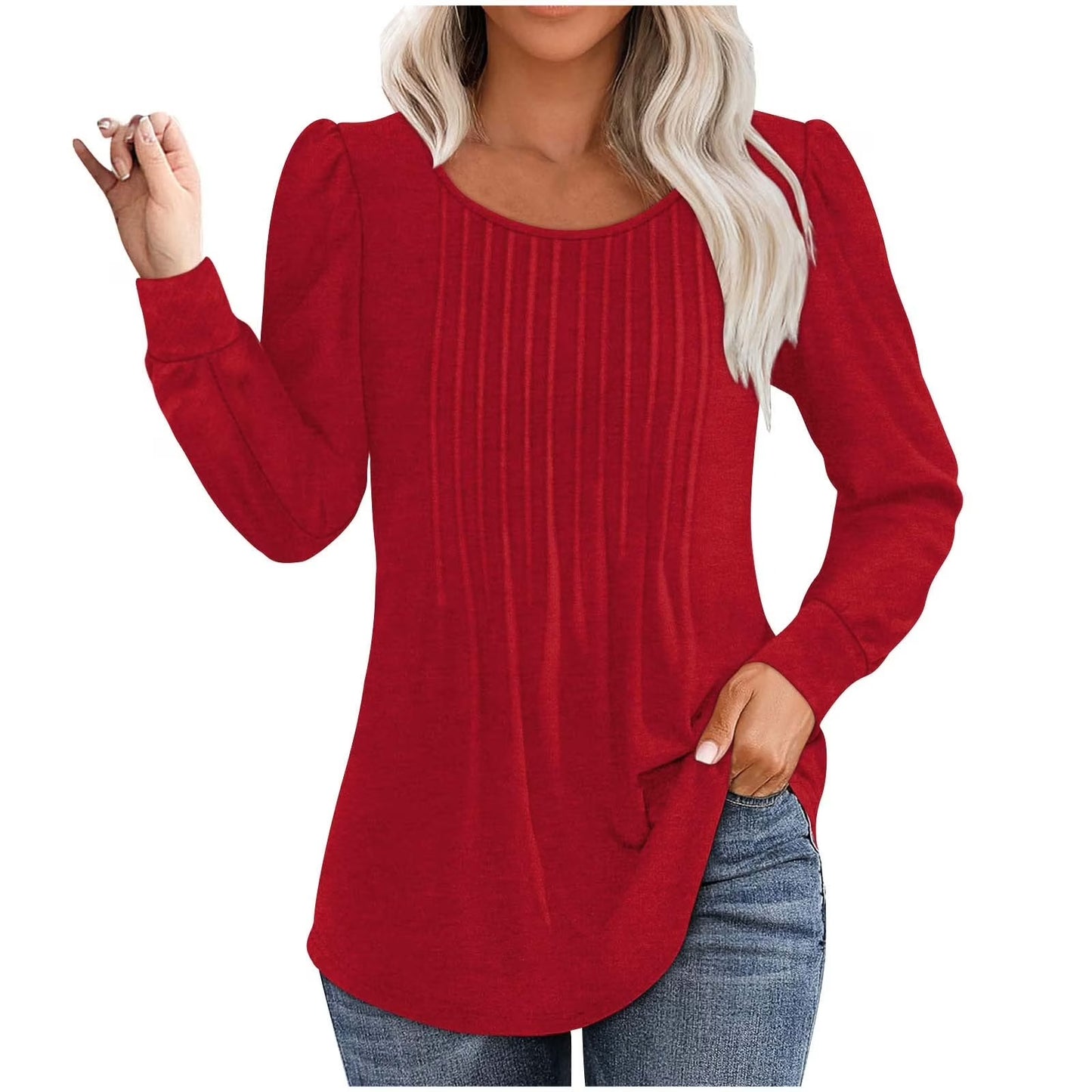 ✨Womens Dressy Long Sleeve Pleated Tops Casual Chic Crew Neck Blouses