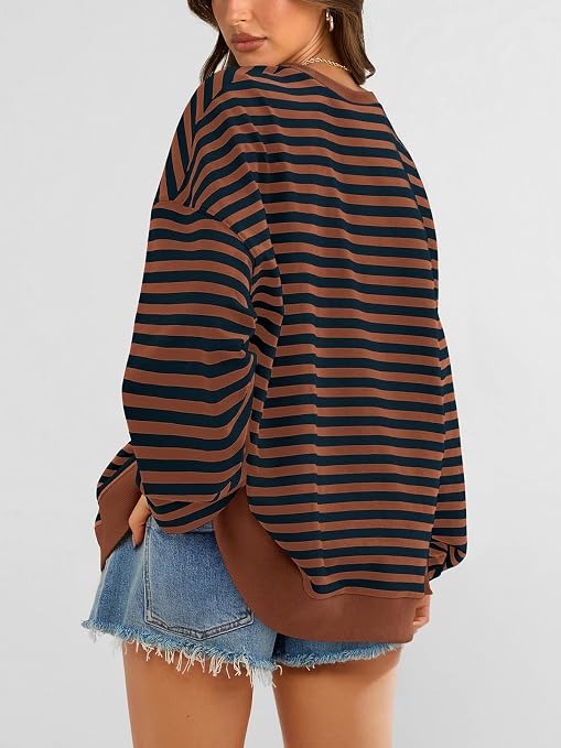 Limited time sale🔥Womens Striped Oversized Sweatshirt Color Block Long Sleeve Top