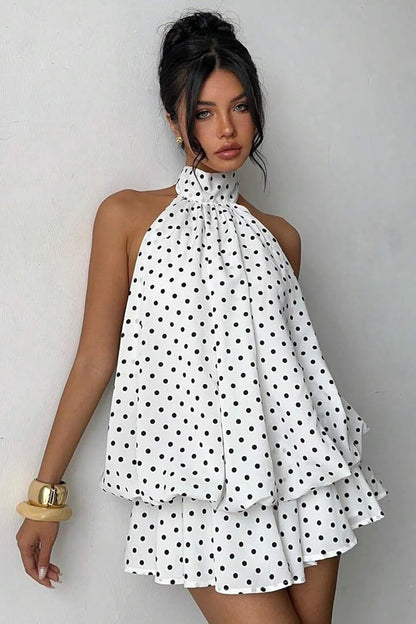 Women's Backless Halter Mini Dress With Chiffon Built In Shorts