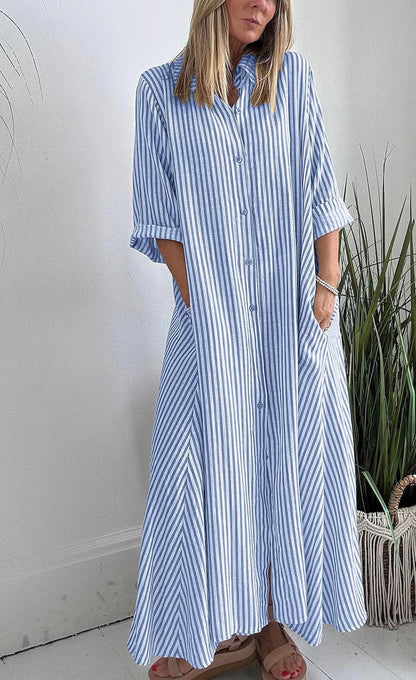 Women  Summer Boho Striped Maxi Shirt Dress 3/4 Sleeve Casual Button Down Long Dress