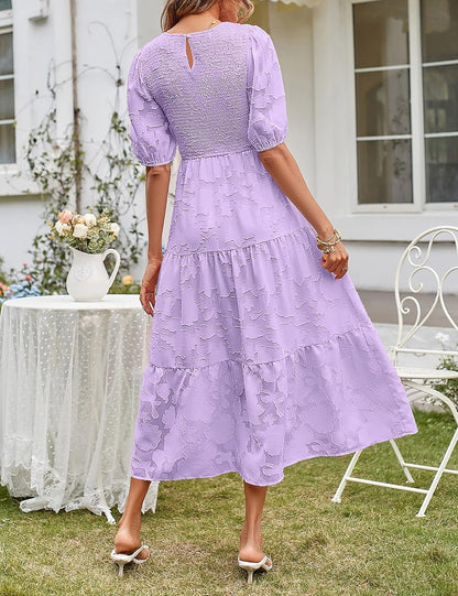 ✨Women's Puff Sleeve Floral Dress Flowy Tiered Midi Dresses