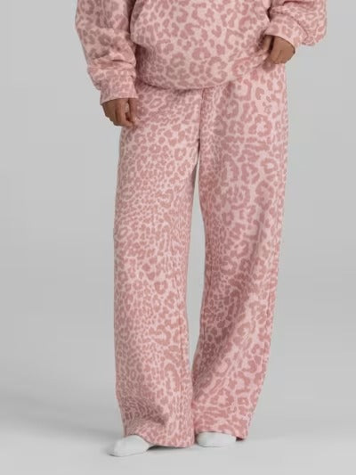 Leopard Print Fleece Hoodie and Pants Two Piece Set