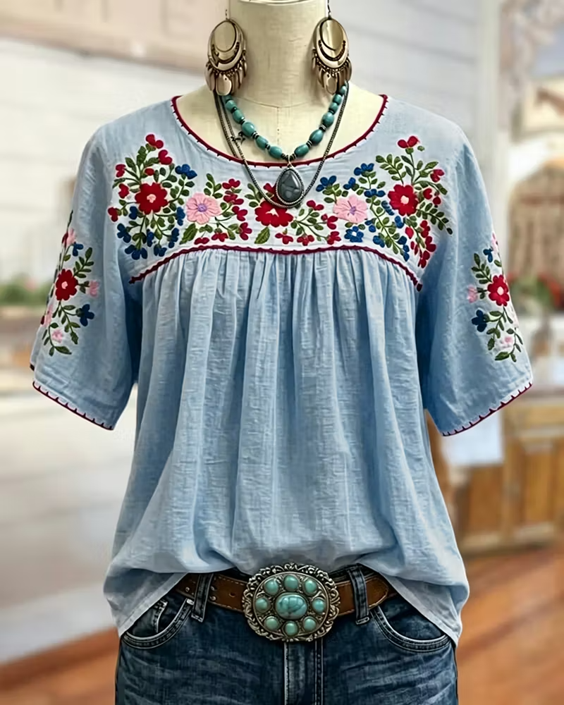 Floral Embroidered Loose Gathered Scoop Neck Short Sleeve Blouse