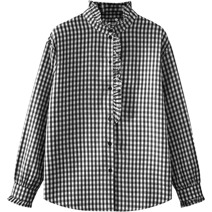 Women's Button Up Gingham Shirts Ruffle Collar Long Sleeve Plaid  Tops