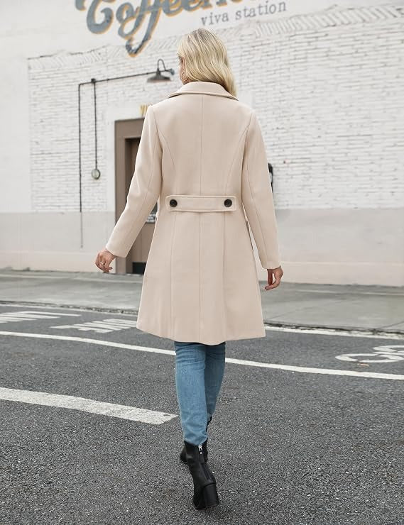 Women Open Front Wool Coat Lapel Double Button Mid‑Length Overcoat With Pockets