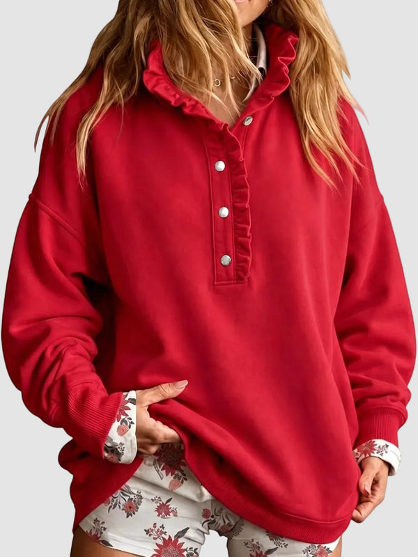 🎀Ruffled Mock Neck Henley Oversized Sweatshirt