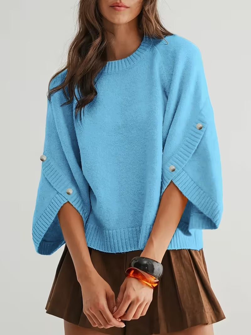 Women's Button Decor Batwing Sleeve Knit Sweater Crew Neck Loose Pullover Top