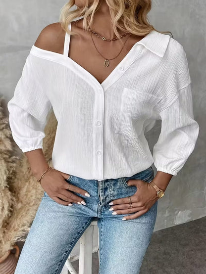 Women's Asymmetric Collar Drop Shoulder Loose Casual Shirt