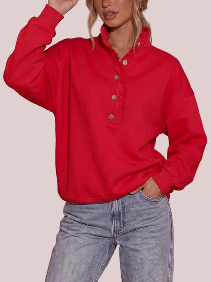 Limited time sale🔥Women's Ruffle Collar Henley Oversized Sweatshirt