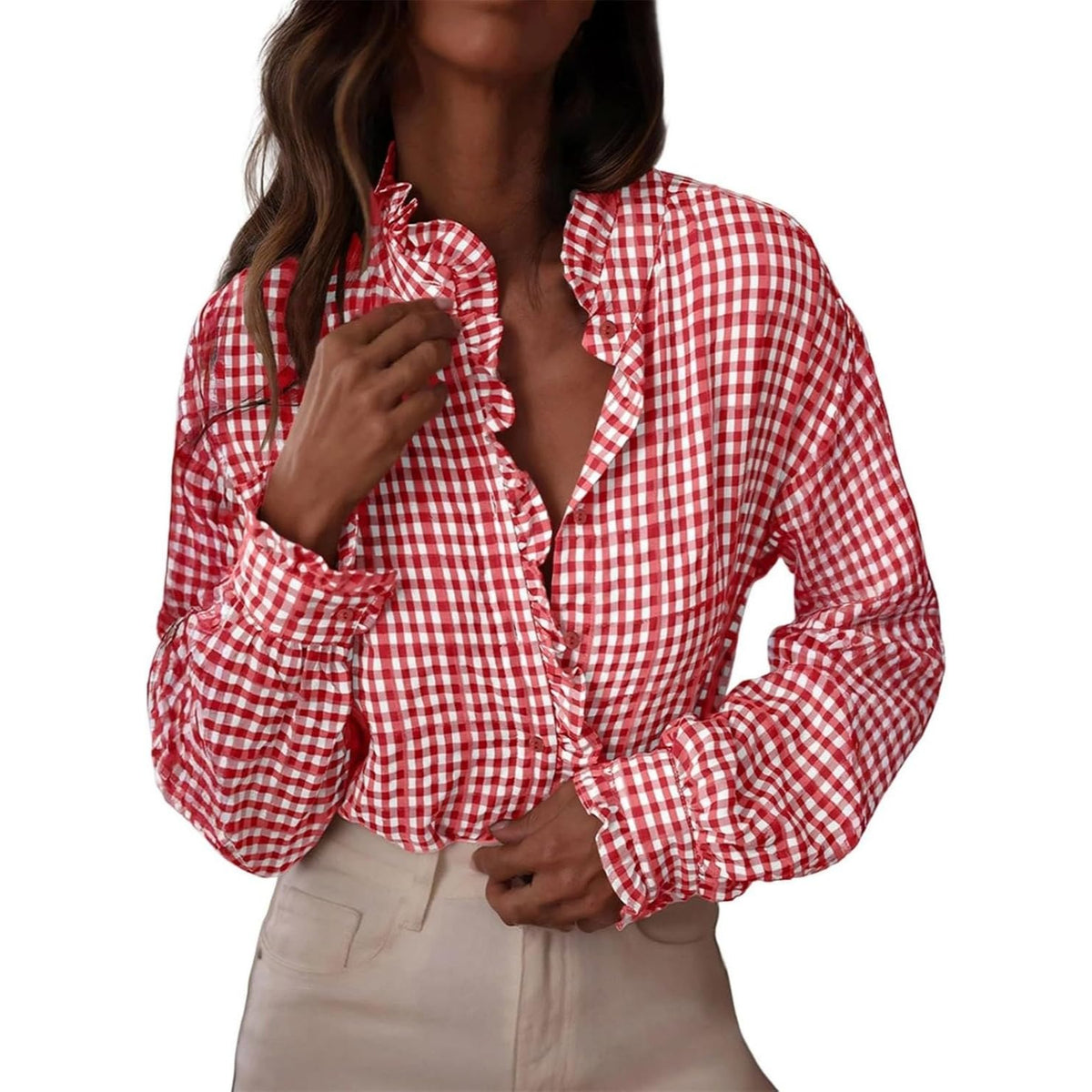 Women's Button Up Gingham Shirts Ruffle Collar Long Sleeve Plaid  Tops