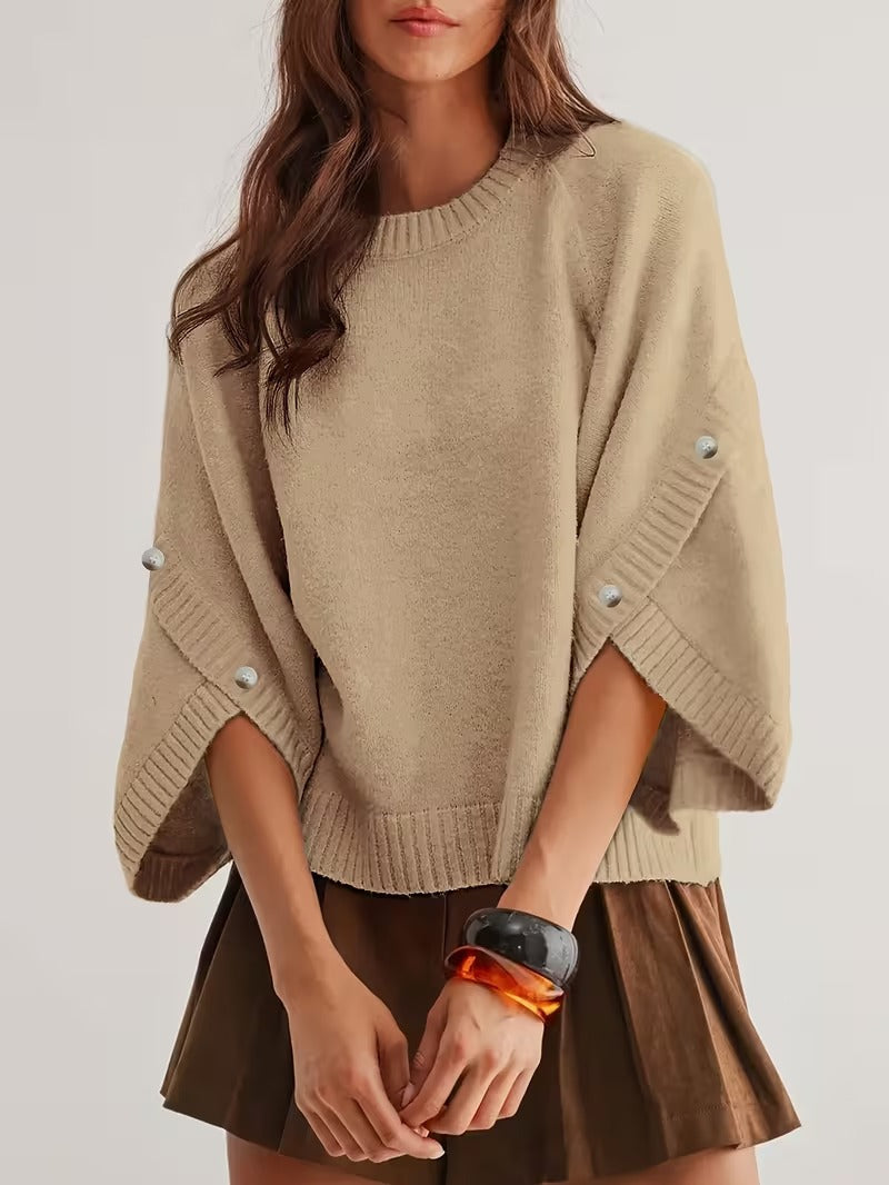 Women's Button Decor Batwing Sleeve Knit Sweater Crew Neck Loose Pullover Top