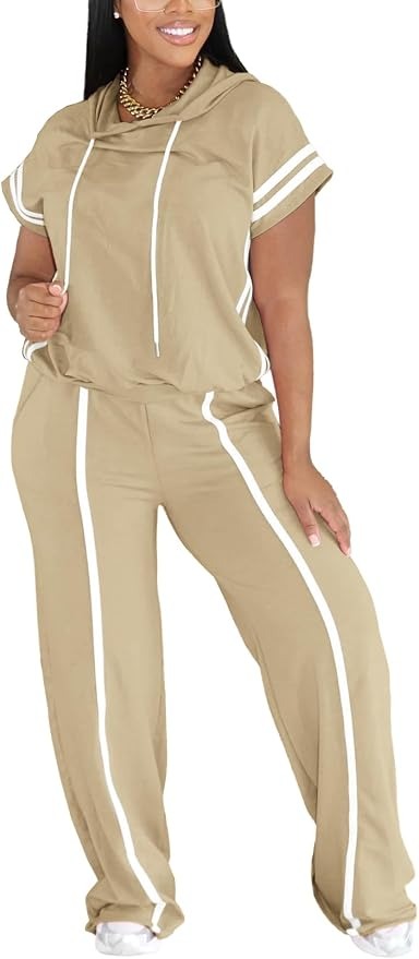 Women Summer Striped Short Sleeve Hoodie and Wide Leg Sweatpants Set Lounge Sets