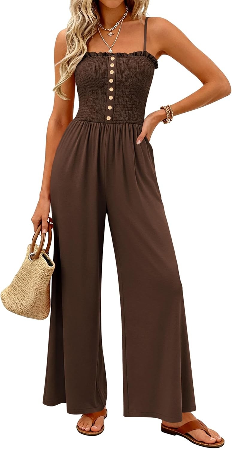 Women's Smocked Spaghetti Strap Wide-Leg Jumpsuit with Pockets