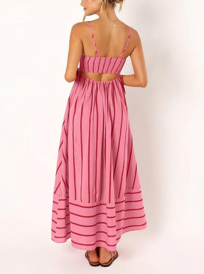 Women's striped backless pleated halter-neck cutout flowy A-line maxi dress