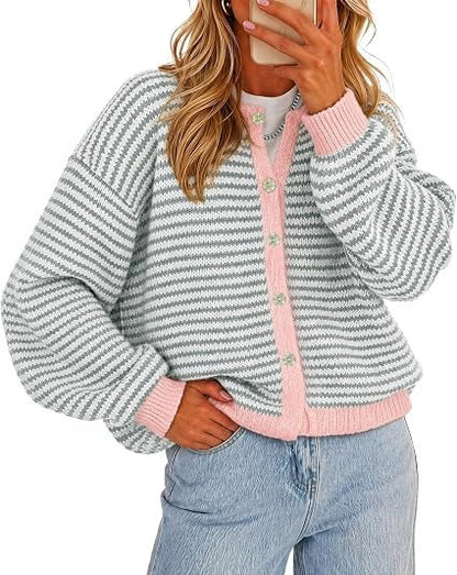 Women's Color-Block Striped Button-Front Knit Cardigan