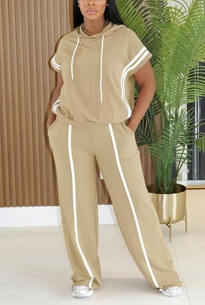 Women Summer Striped Short Sleeve Hoodie and Wide Leg Sweatpants Set Lounge Sets