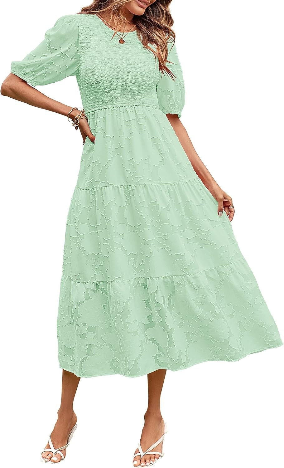 ✨Women's Puff Sleeve Floral Dress Flowy Tiered Midi Dresses
