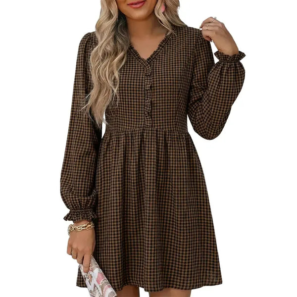 Women Casual Loose Frill V neck A-line Shift Plaid High Waist Dress