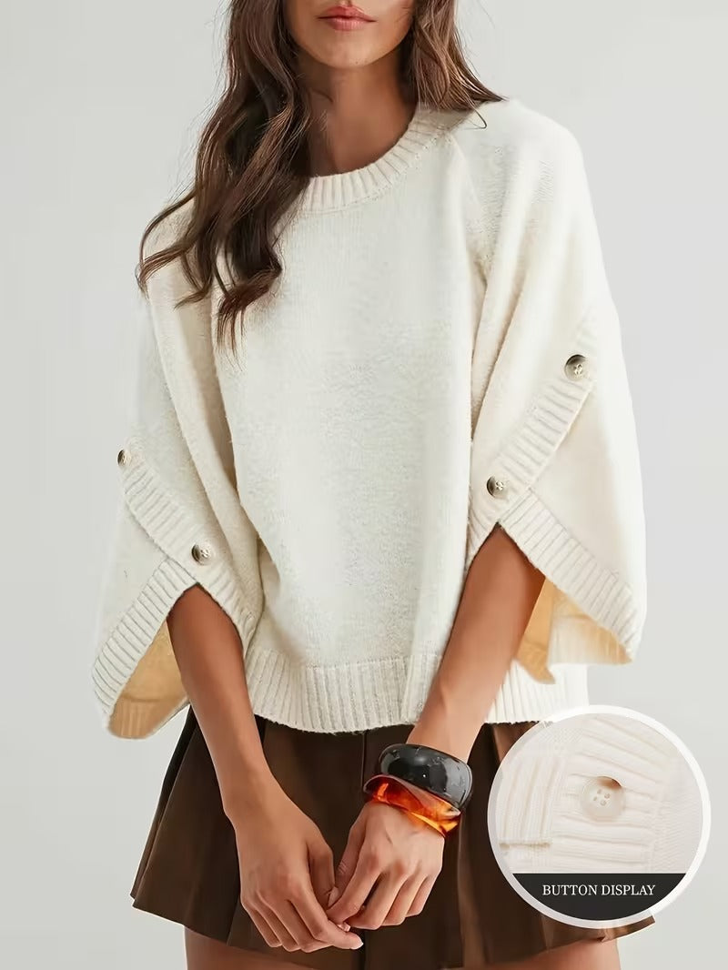 Women's Button Decor Batwing Sleeve Knit Sweater Crew Neck Loose Pullover Top