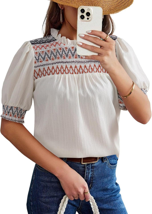 Women's Boho Embroidered Puff Sleeve Crewneck Blouse