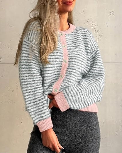 Women's Color-Block Striped Button-Front Knit Cardigan
