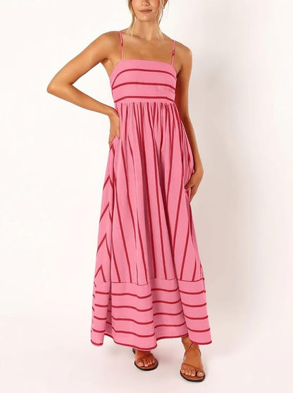 Women's striped backless pleated halter-neck cutout flowy A-line maxi dress