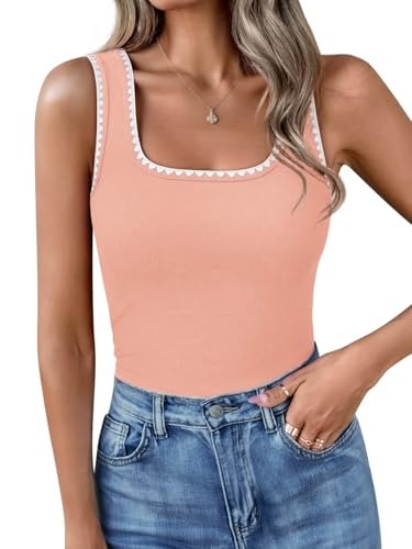 Women’s Square Neck Tank Tops Fitted Color Block Ribbed Tanks