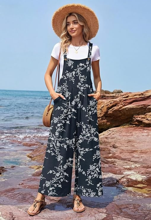 Womens Casual Jumpsuits Wide Leg Overalls Adjustable Strap Rompers with Pockets