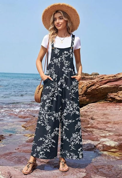 Womens Casual Jumpsuits Wide Leg Overalls Adjustable Strap Rompers with Pockets
