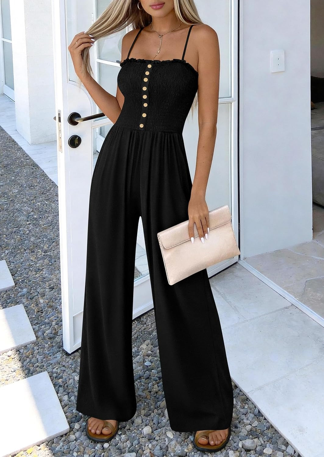 Women's Smocked Spaghetti Strap Wide-Leg Jumpsuit with Pockets