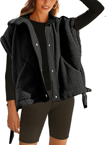 Womens Sleeveless Sherpa Vest Fuzzy Fleece Outerwear With Pockets