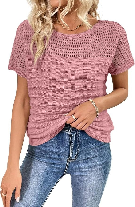 ⏰Hot Sale-Womens Crew Neck Short Sleeve Shirts Knit Hollow Out Tops