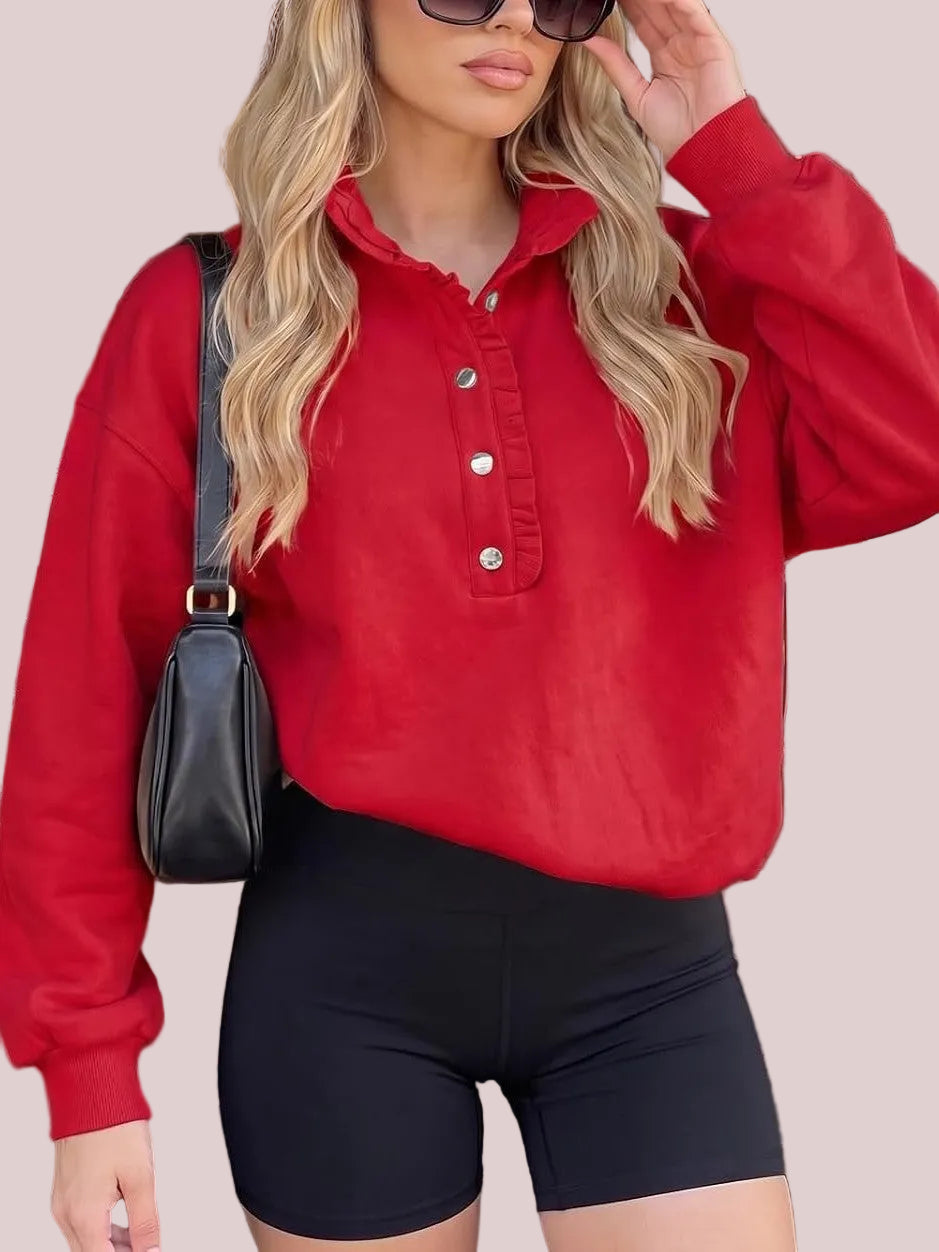 Limited time sale🔥Women's Ruffle Collar Henley Oversized Sweatshirt