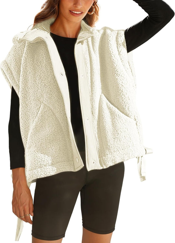 Womens Sleeveless Sherpa Vest Fuzzy Fleece Outerwear With Pockets