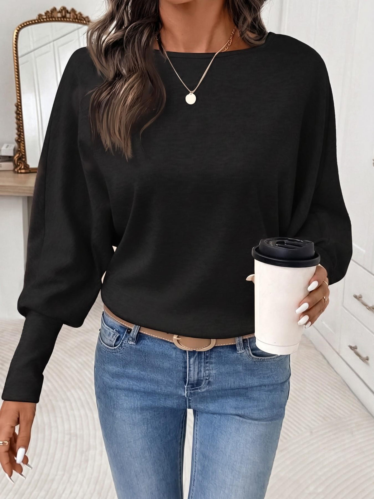 Women's Casual Loose Round Neck Soft Batwing Sleeve Long Sleeve Top