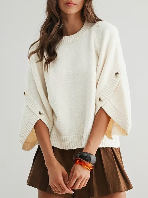 Women's Button Decor Batwing Sleeve Knit Sweater Crew Neck Loose Pullover Top