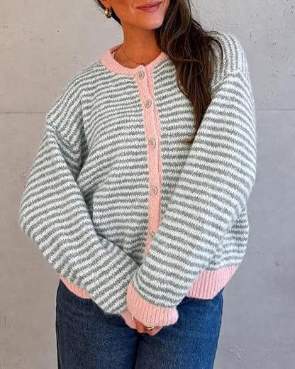 Women's Color-Block Striped Button-Front Knit Cardigan
