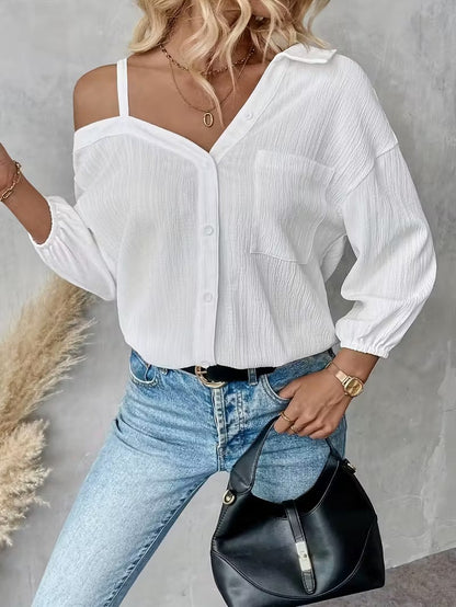 Women's Asymmetric Collar Drop Shoulder Loose Casual Shirt